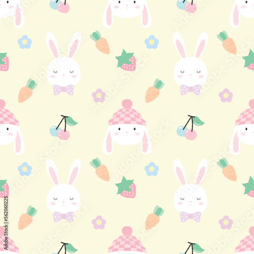 Cute seamless pattern bunny head hand drawn style. Cute rabbit head decorate with cute carrots  pink and blue cherry and flowers. This pattern is designed for fabric printing. and other print media.