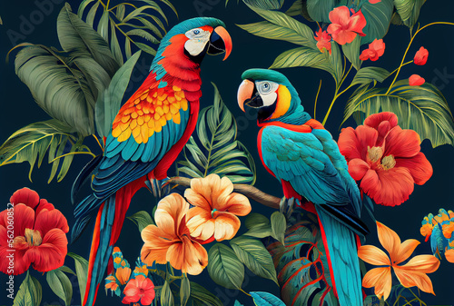 tropical leaves greenery with green leaves and colorful parrot birds over black bsckground
