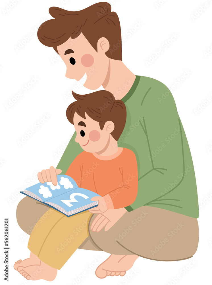 Hand drawn father and son reading a book together