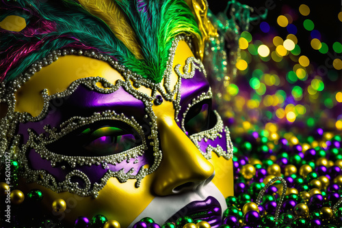 Gold, purple and green glittery mardi gras mask on shining bokeh background. Generative AI illustration © colnihko