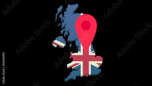 Looping animation with red location marker jumping over 3D map of united kingdom in colors of british flag in flat design style with alpha channel for transparency photo