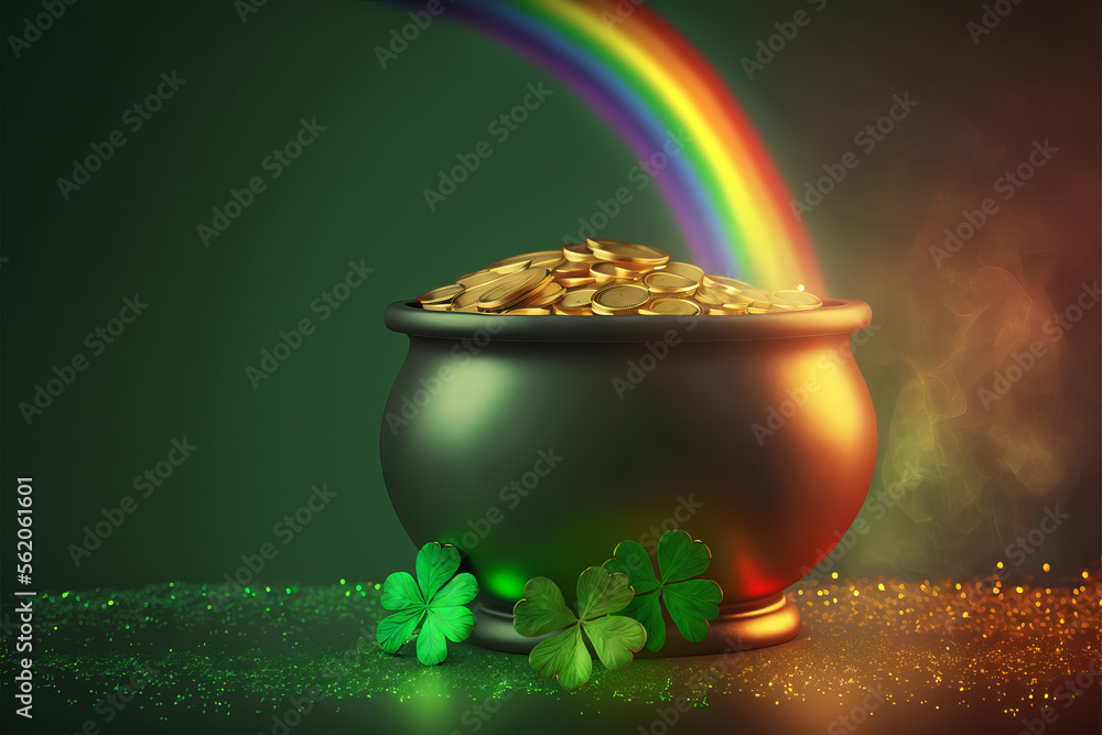 Pot of gold coins, clover leaves and rainbow. St. Patrick's day concept. Generative AI illustration - obrazy, fototapety, plakaty 