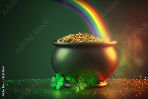 Pot of gold coins, clover leaves and rainbow. St. Patrick's day concept. Generative AI illustration