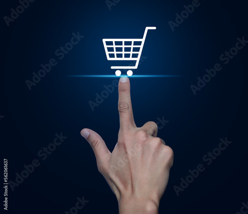 Hand pressing shop cart flat icon over blue background, Business shopping online concept