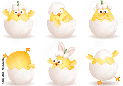 Watercolor Illustration set of Easter Chick in Egg