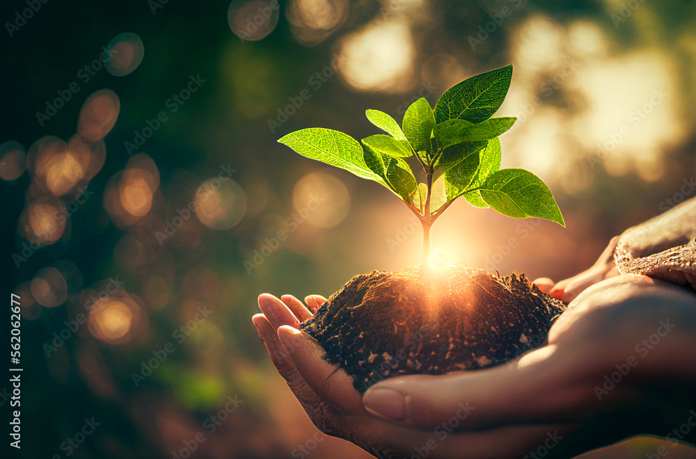 close up of a womans hand holding a clump of earth with small tree ...