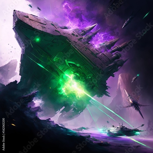 Gigantic space dreadnought getting a big hit on the side in an epic space battle in front of a giant planet in a green and purple starcloud photo