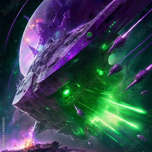 Gigantic space dreadnought firing all laser to exterminate in an epic space battle in front of a giant planet in a green and purple starcloud