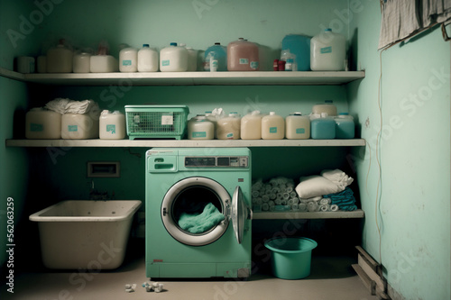 Washing machine in the green and wooden wall style with dirty clothes, laundry room style with detergent. Created with Generative AI technology.