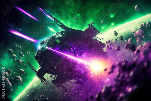 Gigantic space dreadnought getting hit by purple laser in an epic space battle in front of a giant planet in a green and purple starcloud photo