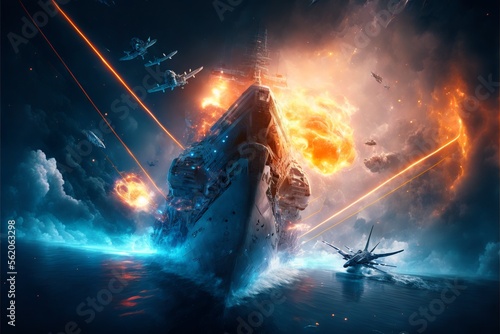 Futuristic cyber navy ship at the open sea in the middle of an epic fight, while airplanes laser attack it, and everything is exploding, meanwhile giant waves hit the side of the ship
