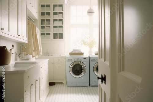 clean bright laundry room with washer and dryer. Created with Generative AI technology.