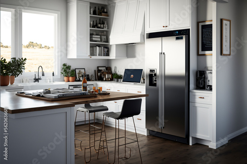 Modern kitchen with black furniture and wooden floor. Created with Generative AI technology.
