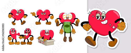 Set of comic red hearts characters in retro cartoon style on valentine day holiday. Cute comic hearts with funny faces emoticons in cartoon style for any life situation.