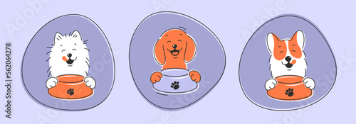 Dogs licks mouth and dreams of food. Pet Shop logos. Design store goods and food for animals. Vector Illustration 