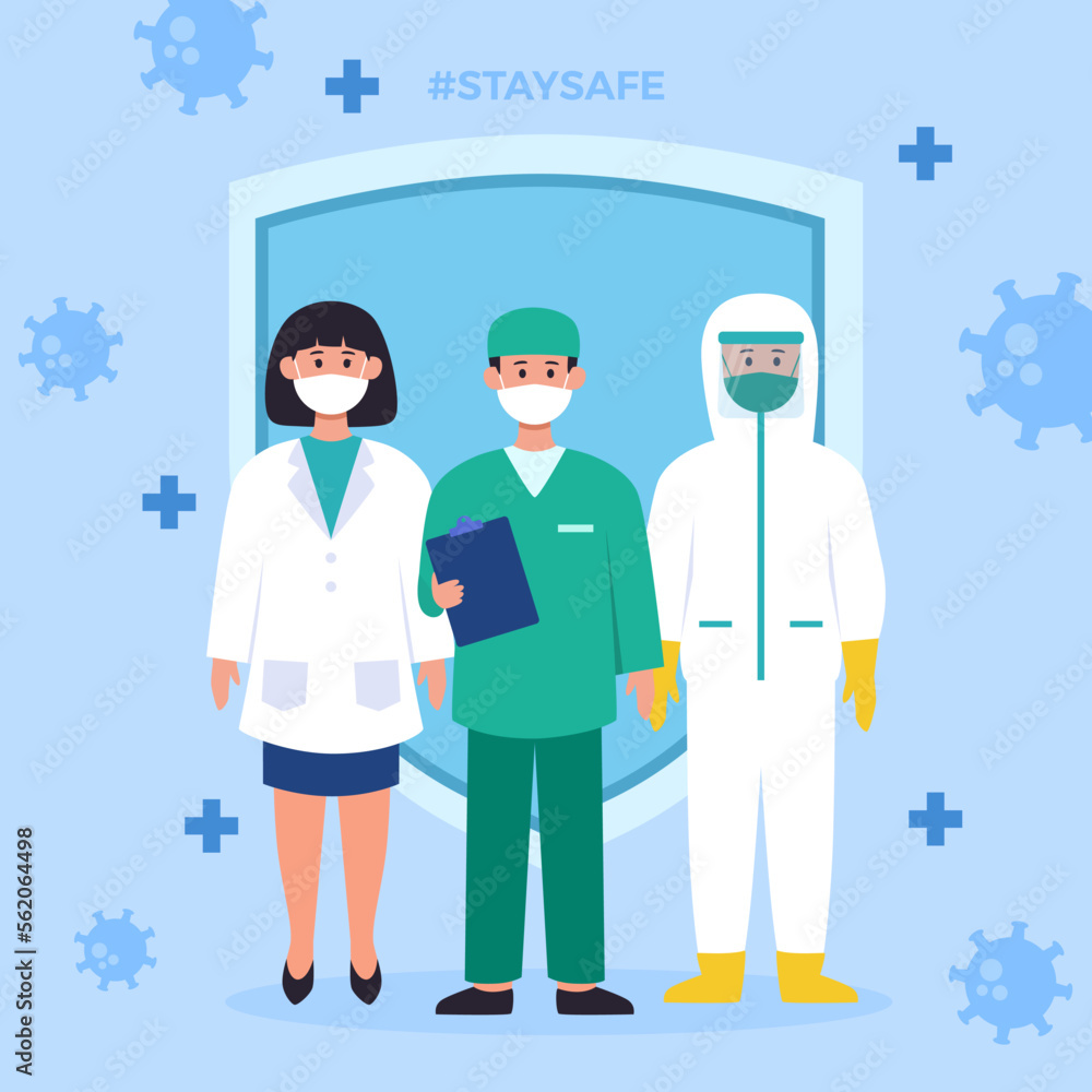 Hand drawn of doctor and nurses collection with shield background illustration vector design Hand drawn of doctor and nurses collection with shield background illustration vector design