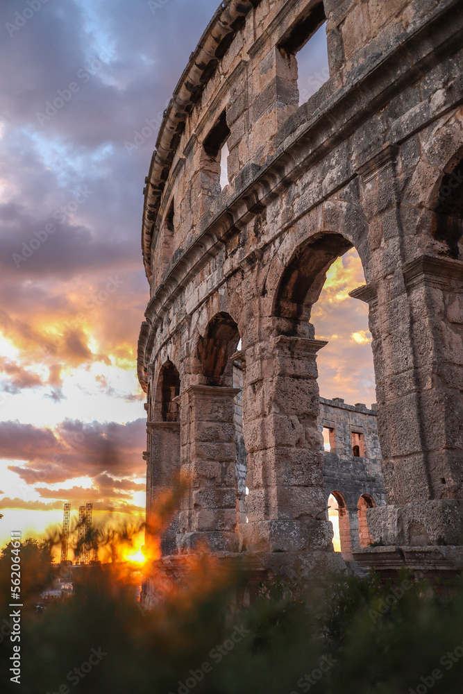 Vertical Pula Arena with Sunset Sky. Beautiful Shot of Roman Amphitheatre during Golden Hour in Summer Croatia.