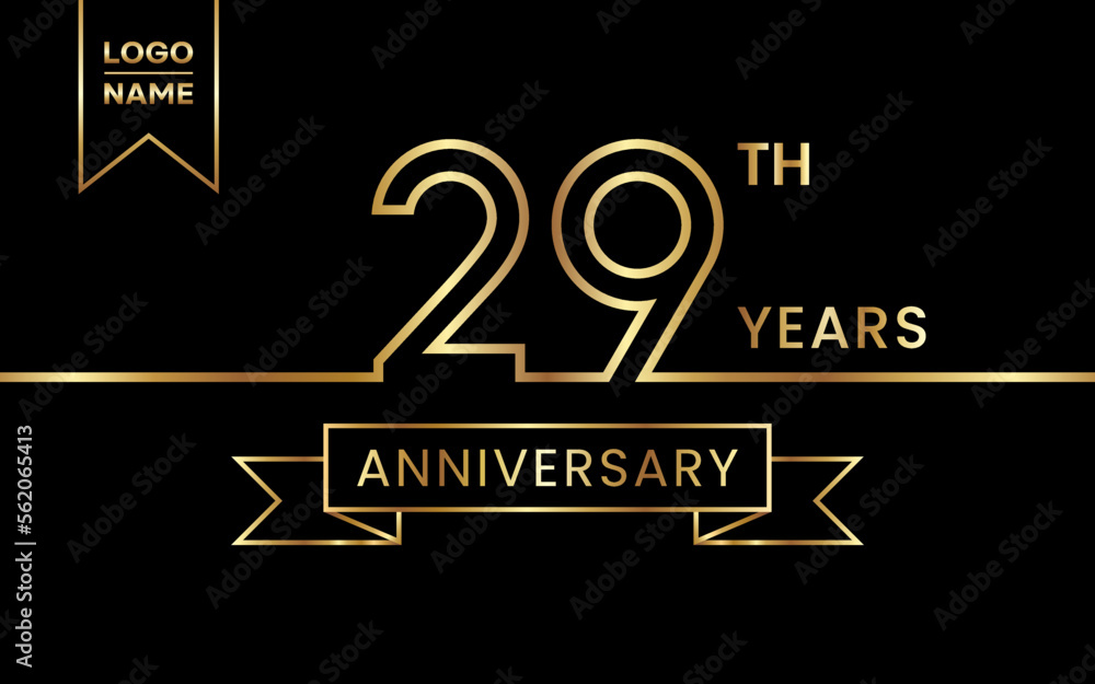 Fototapeta premium 29th Anniversary template design with gold color text and ribbon for celebration event, invitations, banners, posters, flyers, greeting cards. Line Art Design, Logo Vector Template