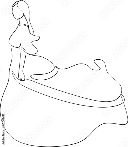 Beautiful woman in long flowing dress in continuous line art drawing style. Girl wearing luxury evening or bridal gown. Minimalist black linear sketch isolated on white background. Vector illustration