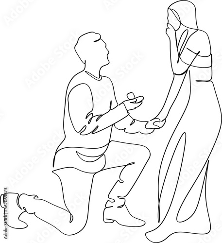 The guy makes a marriage proposal to his girlfriend. Line art. Valentine's Day illustration. Romantic.
