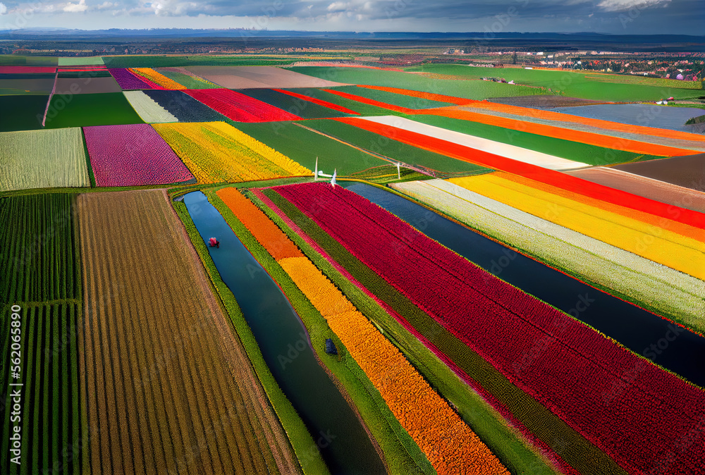 Stripes of blooming multicolored dutch tulips frome above - obrazy, fototapety, plakaty 