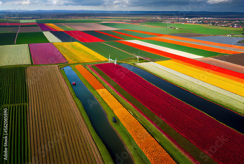 Stripes of blooming multicolored dutch tulips frome above
