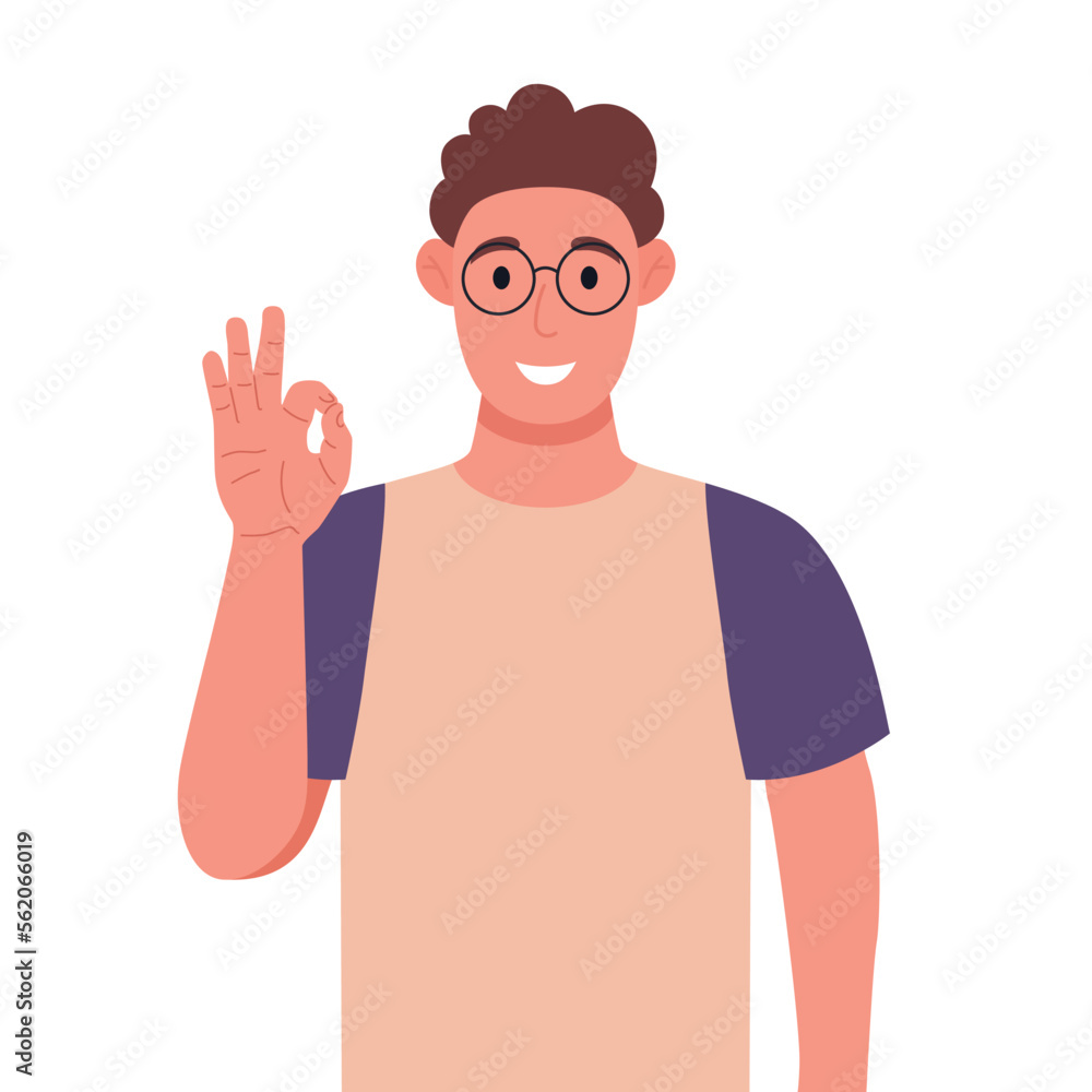 Curly young man in glasses showing ok gesture. The happy man expresses his positive emotions. Vector illustration. Curly young man in glasses showing ok gesture. The happy man expresses his positive emotions. Vector illustration.