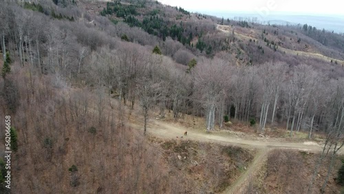 Aerial zoom in towards the edge of the hills in Zagreb, Croatia. photo