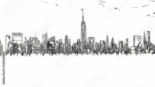 Digital sketch animation of New York City iconic skyline with skyscrapers and white background