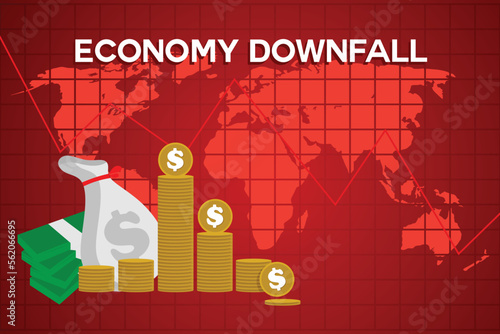 Global business downfall with falling arrow and world map