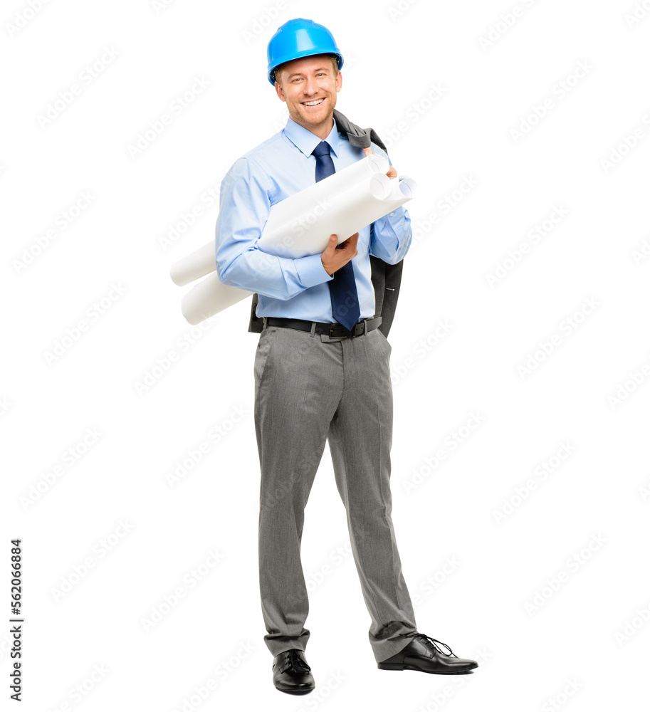 A handsome young contractor standing alone in the studio and holding blueprints isolated on a PNG background. A handsome young contractor standing alone in the studio and holding blueprints isolated on a PNG background.