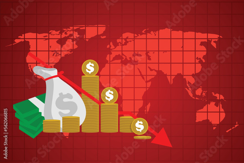 Global business downfall with falling arrow and world map