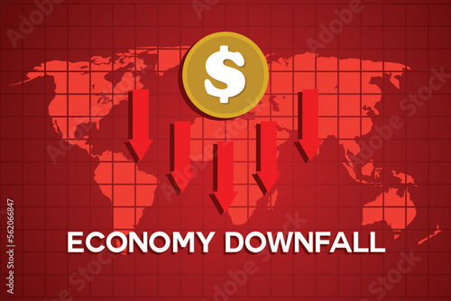 Global business downfall with falling arrow and world map