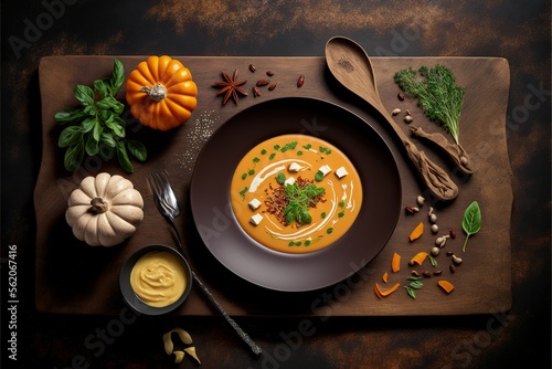 bisque in the bowl with ingredients on the wooden kitchen board. bisque
