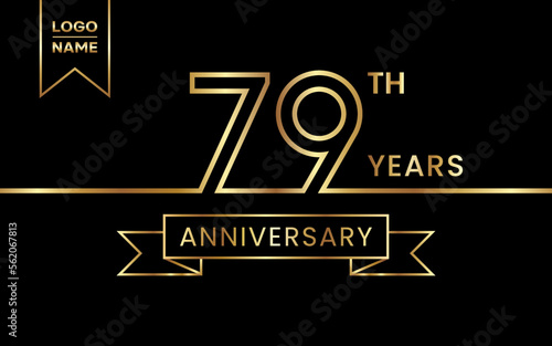 79th Anniversary template design with gold color text and ribbon for celebration event, invitations, banners, posters, flyers, greeting cards. Line Art Design, Logo Vector Template