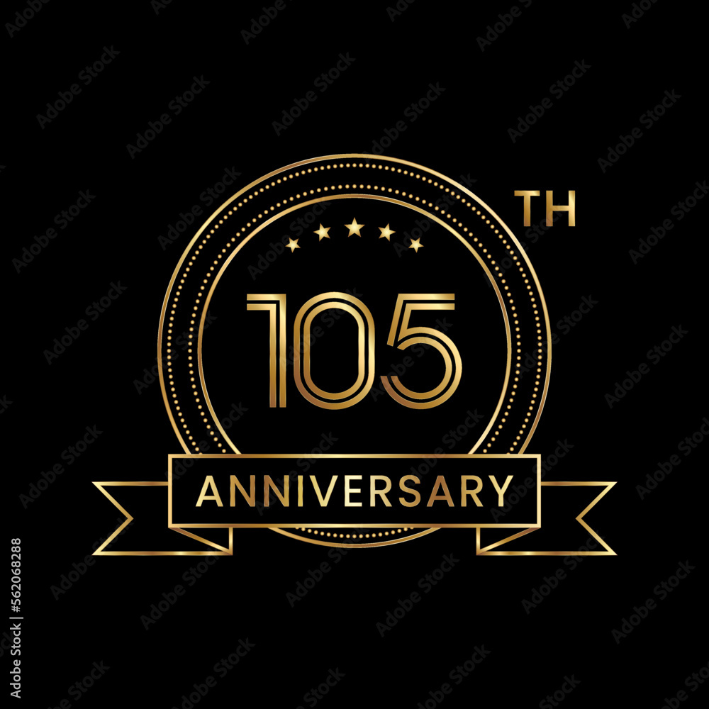 105th Anniversary logo design with gold color text and ribbon for celebration event, invitations, banners, posters, flyers, greeting cards. Line Art Design, Logo Vector Template 105th Anniversary logo design with gold color text and ribbon for celebration event, invitations, banners, posters, flyers, greeting cards. Line Art Design, Logo Vector Template
