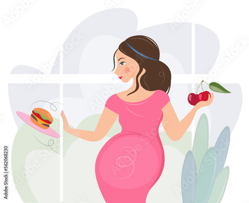 A pregnant woman refuses a hamburger in favor of cherries. No fast food. Only a healthy diet for an unborn baby. Vector flat isolated illustration. The concept of healthy eating, safe pregnancy.
