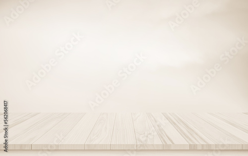 Wooden terrace the blurred and Christmas background concept. Wood white top table perspective in front of natural in the sky. 