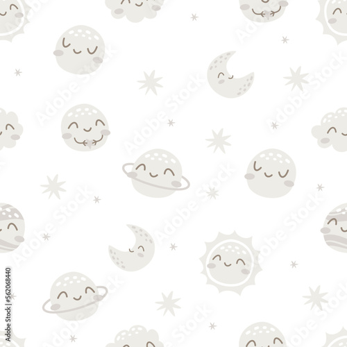 A cute bohemian pattern for the walls in a child's room. Seamless vector pattern. Cute planets with faces 