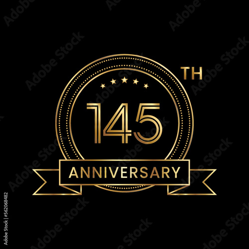 145th Anniversary logo design with gold color text and ribbon for celebration event, invitations, banners, posters, flyers, greeting cards. Line Art Design, Logo Vector Template photo