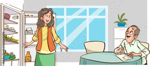 family looking at missing foods in fridge and making shopping list