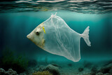 The concept of pollution in the ocean. The concept of fighting for a clean ocean. Fish as a plastic bag AI Generation
