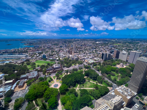 Panoramic Aerial Drone view of Sydney CBD and Harbour. Housing, roof tops, the streets, parks, commercial office towers