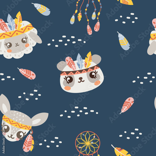 Seamless vector pattern. Cute animals in Indian armbands with feathers. Panda, deer, sheep. Dreamcatcher and beautiful feathers. Crown of feathers on animals 