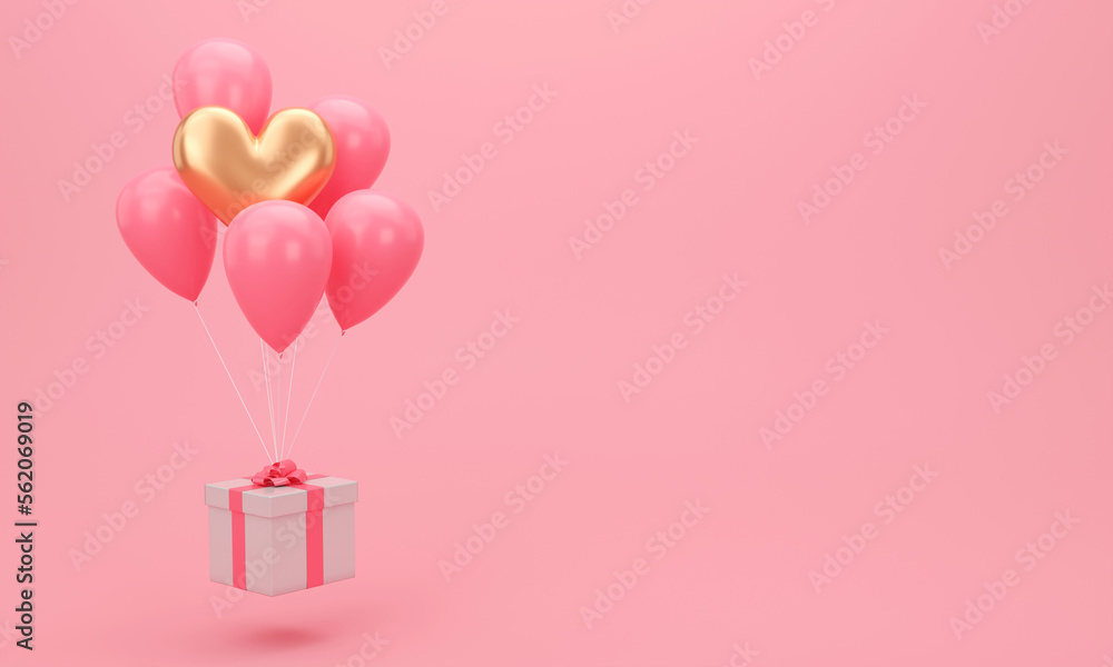 Valentine banner. Pink Background. Design of balloon. Poster, greeting card, headers for website. 3d render.