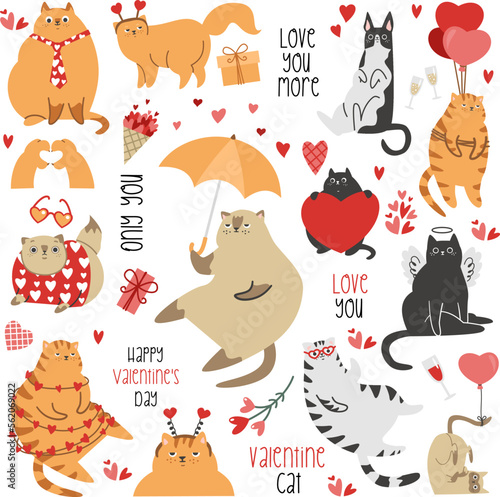 Cute vector set for Valentine's Day. Funny cats with hearts and funny clothes. Heart sign with paws, rain of hearts, disgruntled and funny cats. Holiday inscriptions for Valentine's Day 
