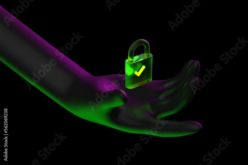 3D illustration of a hand holding a closed lock symbols cybersecurity isolated on black background.