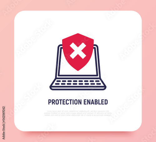 Protection enabled thin line icon. Opened laptop is protected by shield with cross mark. Vector illustration.