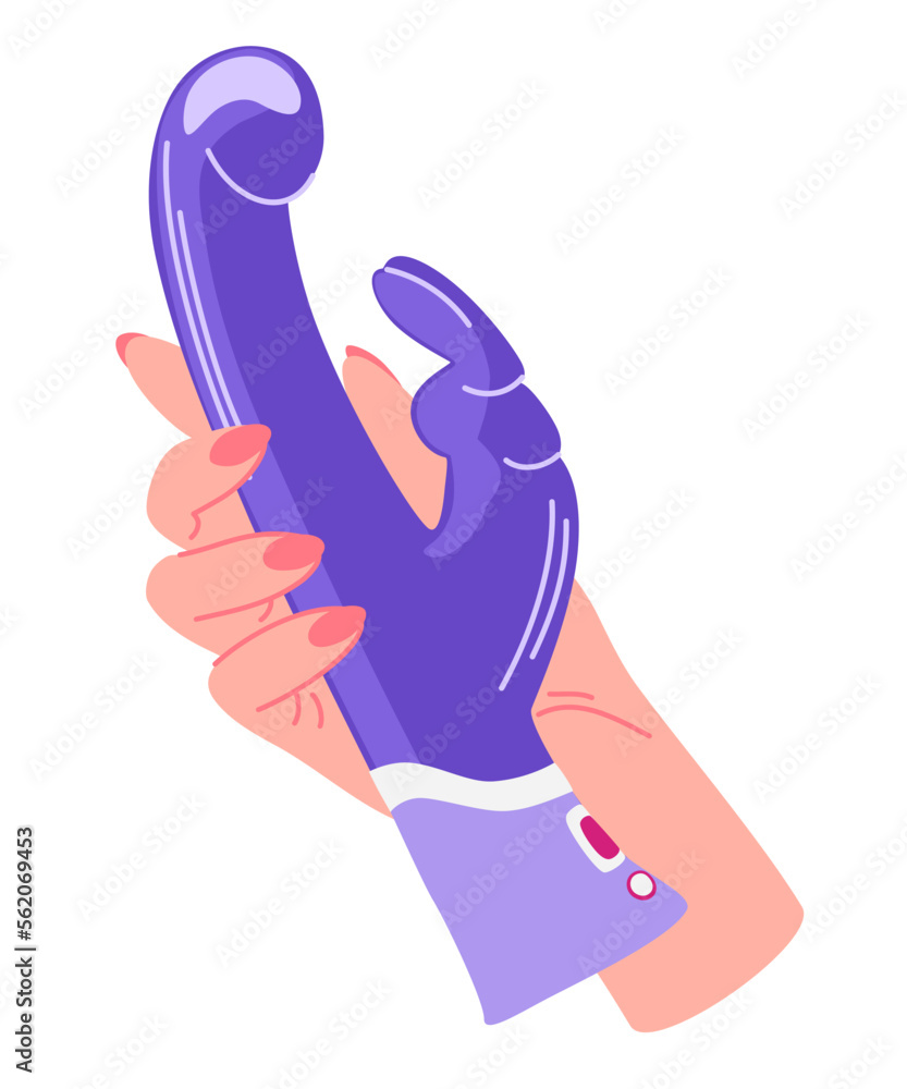 Obraz premium Woman's hand holds a vibrator. Sex toy doodle icon. Erotica excitement for adult male female. Modern flat vector illustration on white background.