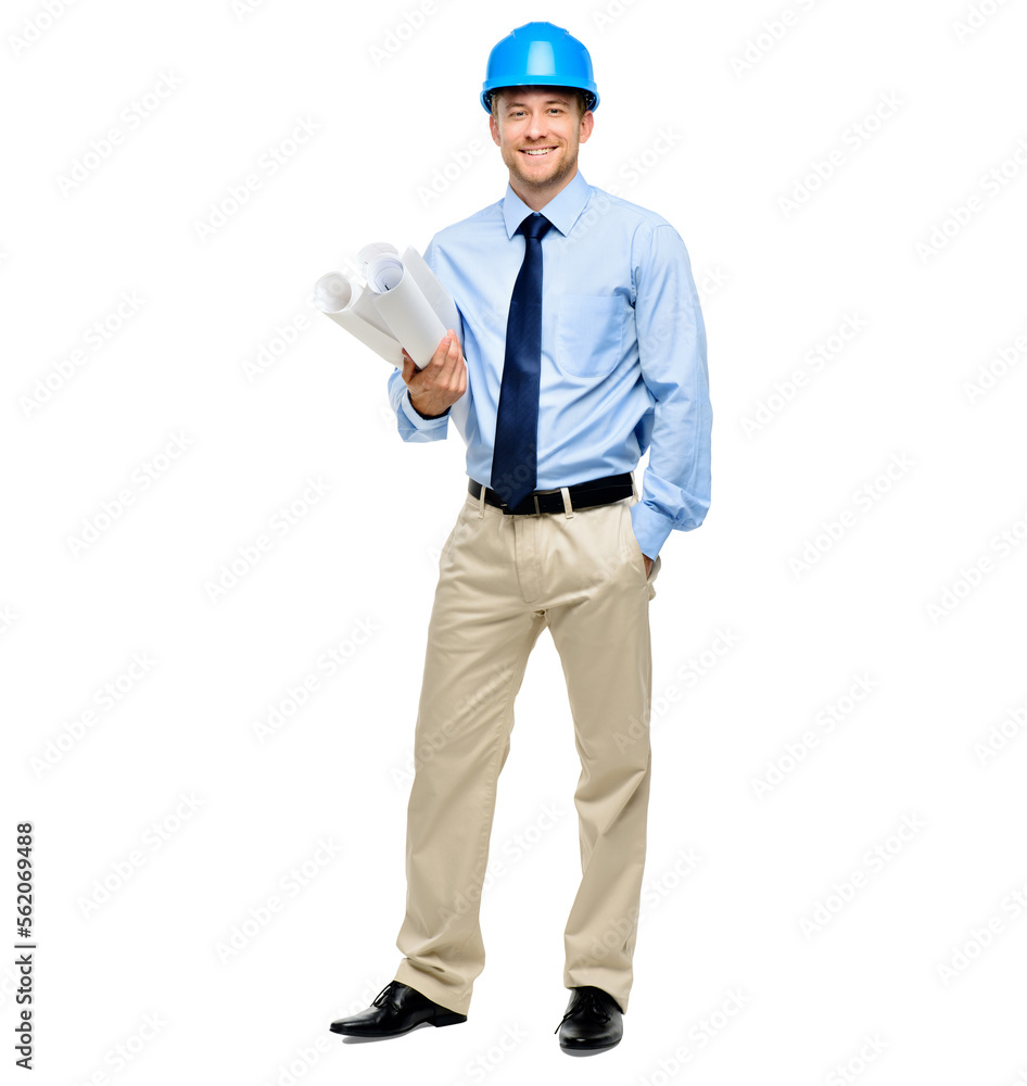 A handsome young contractor standing alone in the studio and holding blueprints isolated on a PNG background. A handsome young contractor standing alone in the studio and holding blueprints isolated on a PNG background.